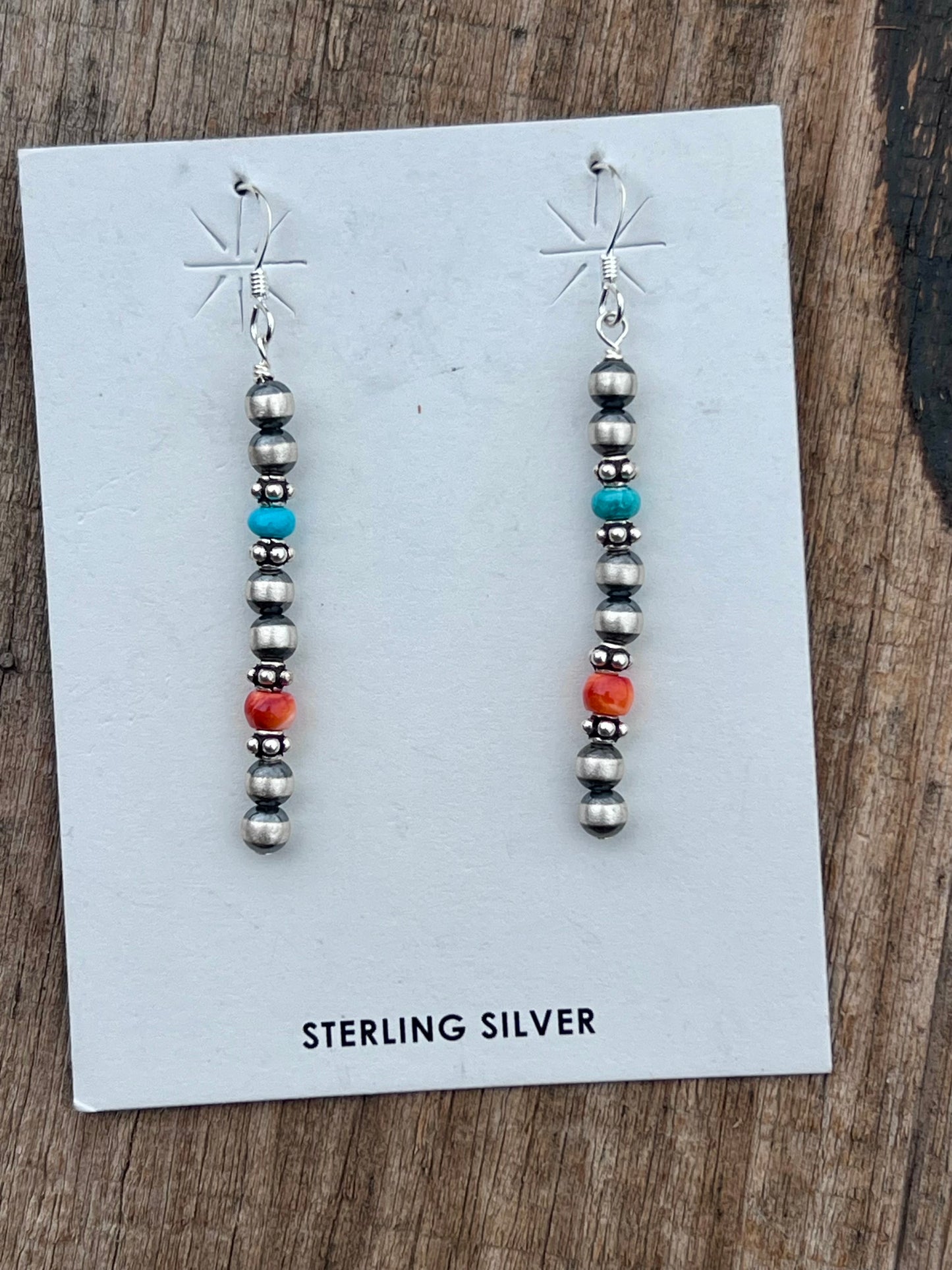 Sterling 4mm Beads, Turquoise & Orange Spiny Dangle Earrings 2”