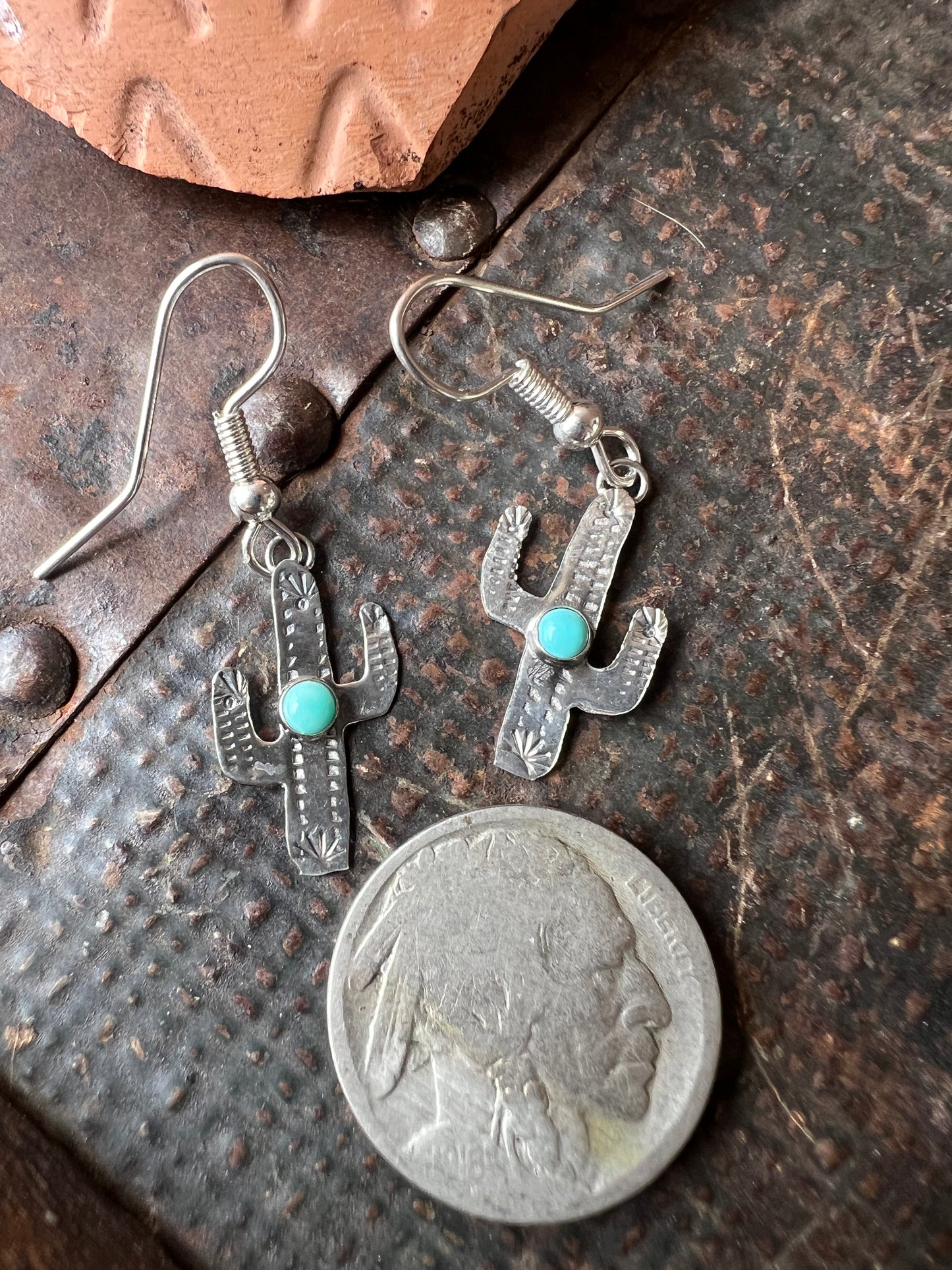 Dainty Handmade by Lucille Platero (Navajo) Turquoise & Sterling Silver Saguaro Cactus Earrings 1 3/8” Length