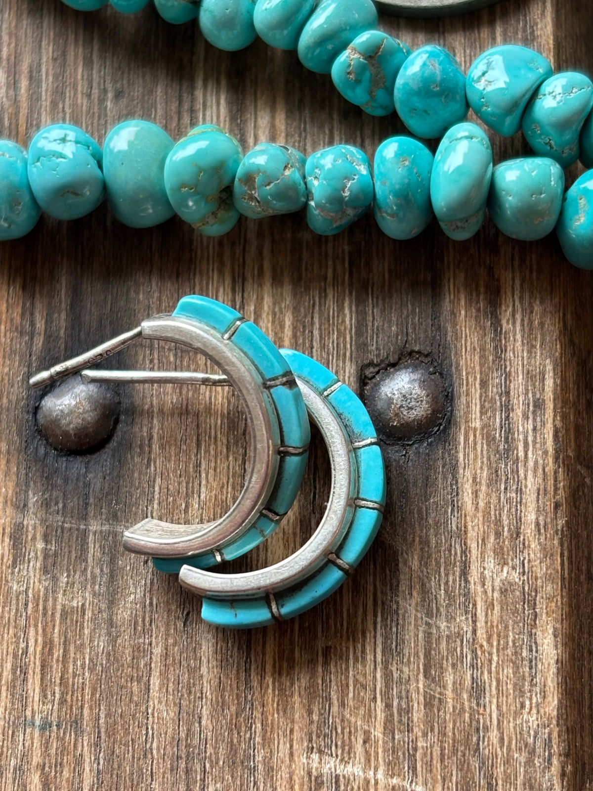 Vintage Native Handmade Sterling & Turquoise Inlay Hoop Post Earrings
