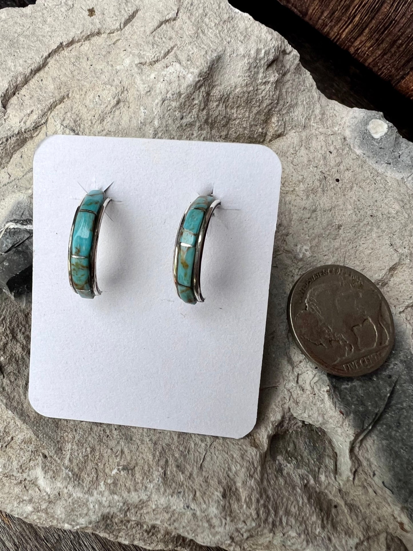 Handmade Sterling & Kingman Turquoise Inlay Half-hoop Post Earrings