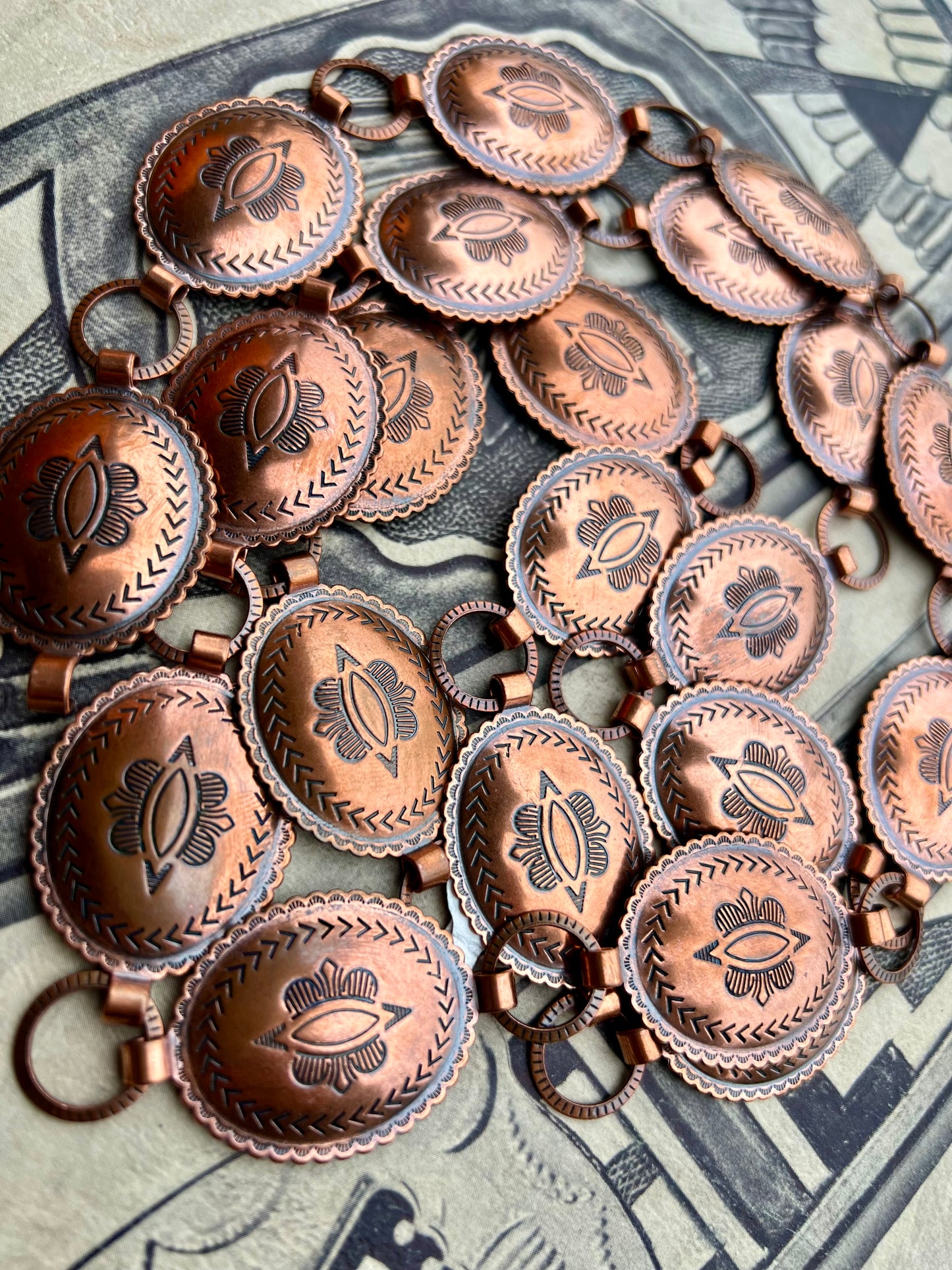 Gorgeous Copper Stamped Concho Belt/Lariat Necklace 43”