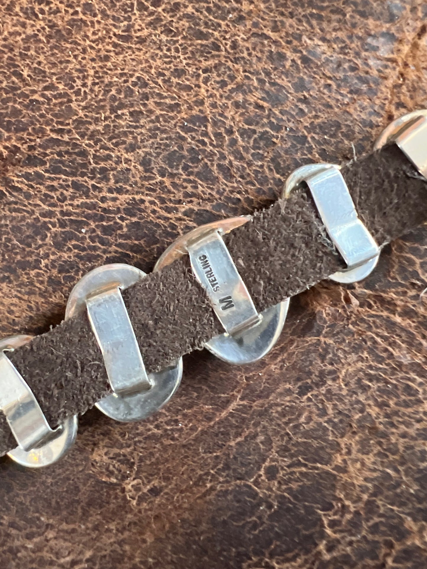 Handmade Sterling, Turquoise on Leather Bracelet Sz 6.5-9”