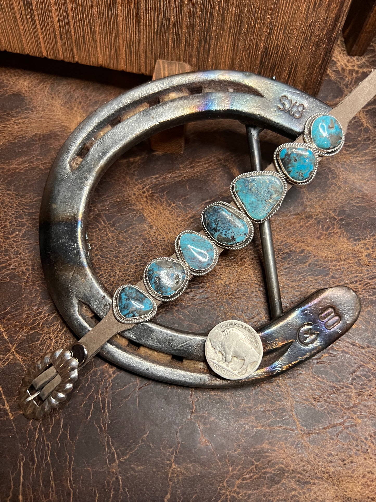 Navajo Handmade by Danny Martinez, signed “M” Sterling, Turquoise on Leather Bracelet Sz 6.5-9”