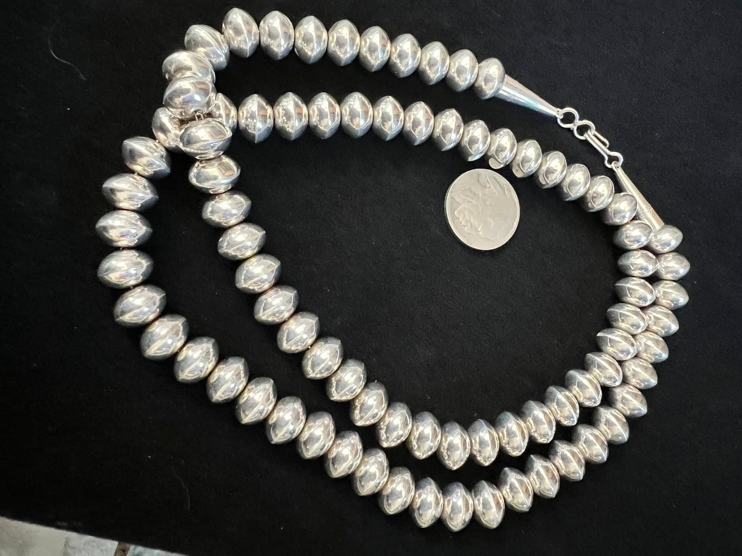 Vintage Handmade High-shine Navajo Pearls Sterling Silver 10.5mm Saucer Bead Necklace 27.5”