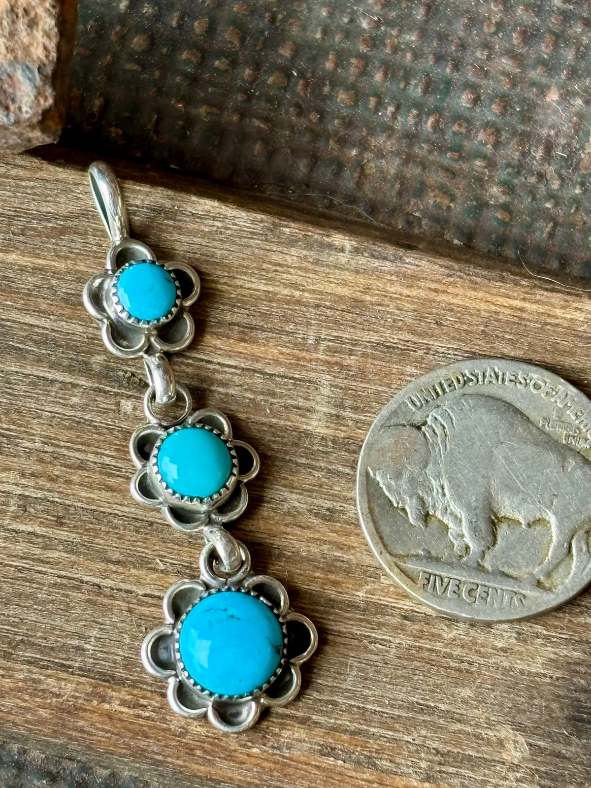 Dainty Native Handmade Sterling Silver Flower & Sleeping Beauty Turquoise Pendant 1.9”