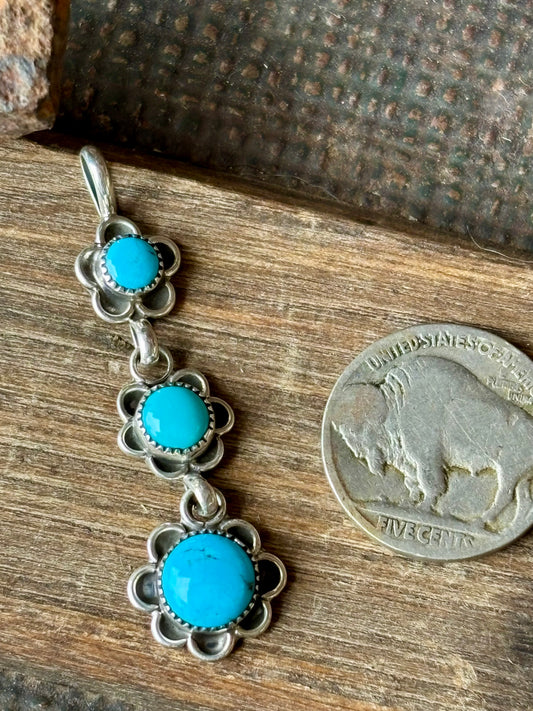 Dainty Native Handmade Sterling Silver Flower & Sleeping Beauty Turquoise Pendant 1.9”