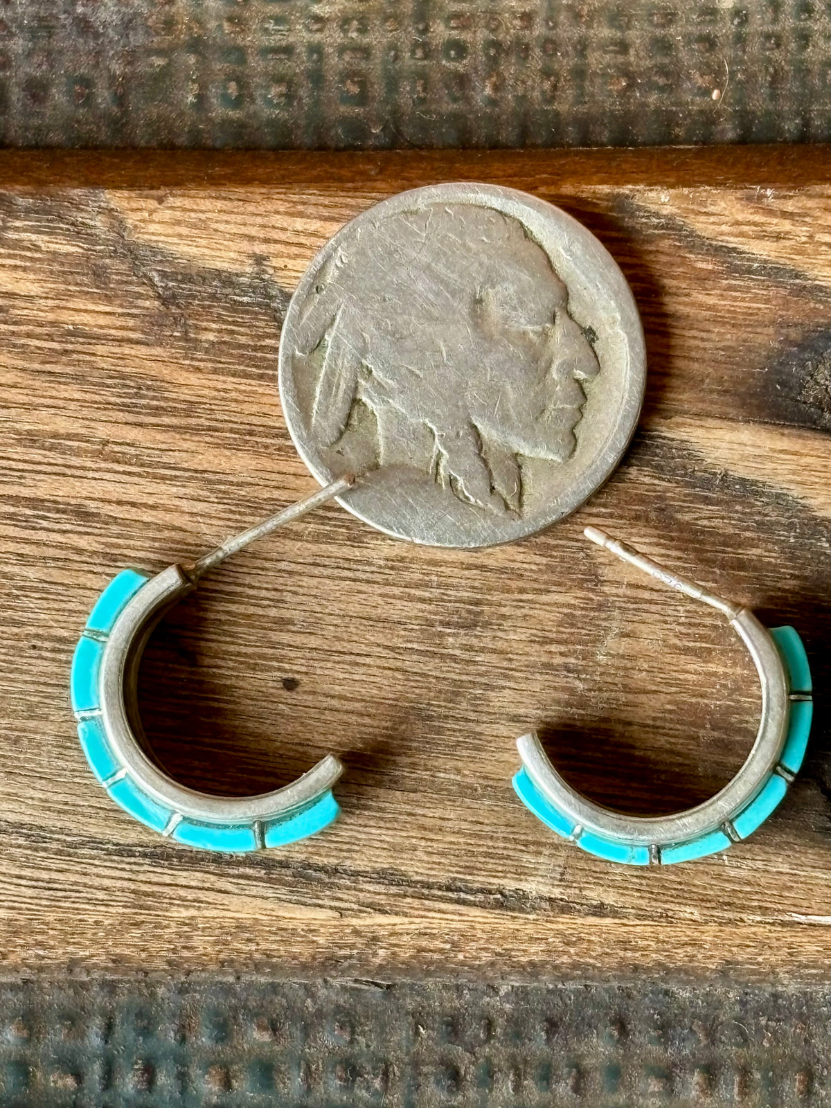 Vintage Native Handmade Sterling & Turquoise Inlay Hoop Post Earrings