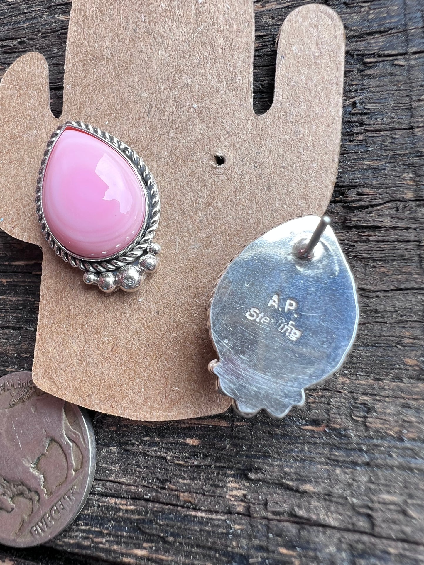 Navajo Handmade Sterling & Pink Conch Teardrop Post Earrings 1”