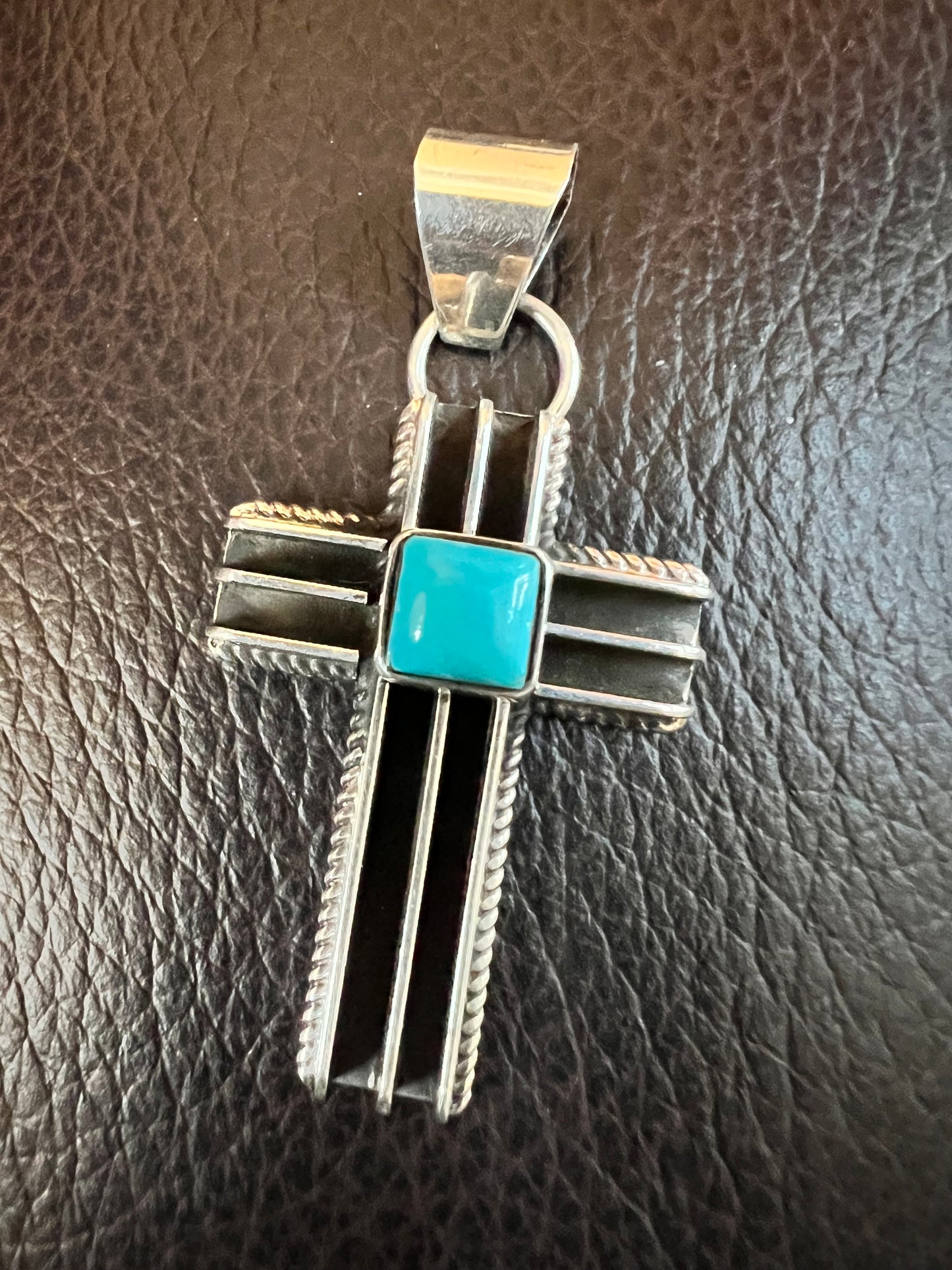 Handmade by Darrell Yazzie- Sterling & Turquoise Cross Pendant 2” x 1”