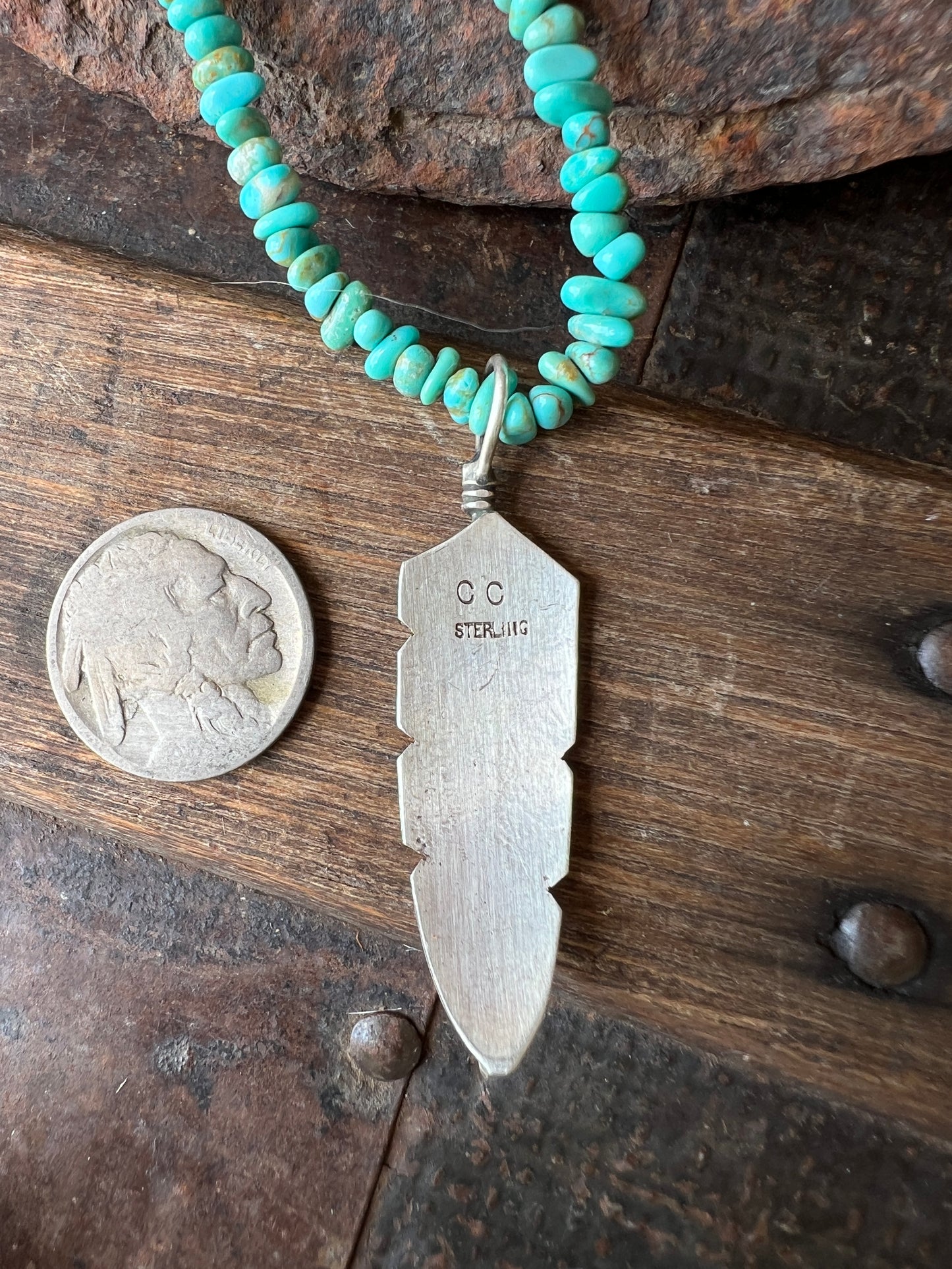Navajo handmade by Chris Charley Sterling Silver Feather Pendant & 19” Tyrone Turquoise Nugget Necklace with Sterling hook & eye clasp