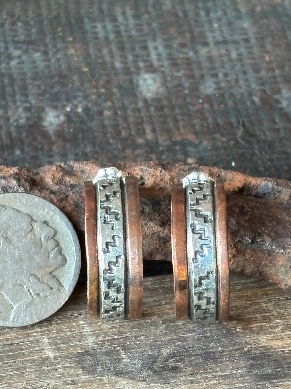 Native Handmade by Landon Secatero- Copper & Sterling Stamped Post Half-Hoop Earrings 1”