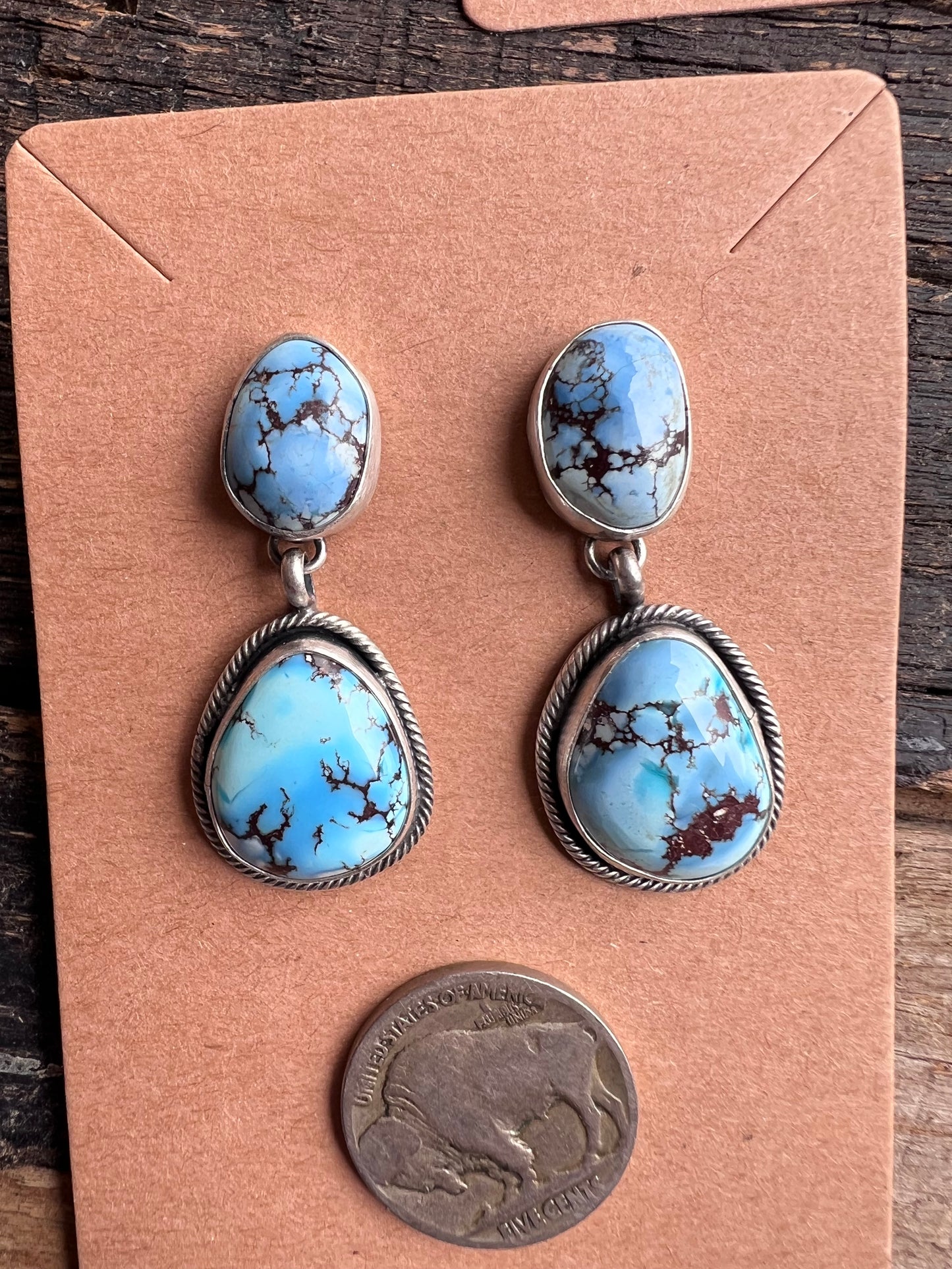 Navajo Handmade by Daniel Benally- Golden Hills Turquoise & Sterling Post Dangle 2-stone Earrings 1.5”