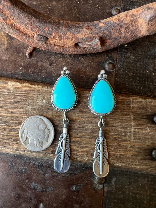 Native Handmade by Randall Endito- Sterling Silver & Campitos Turquoise Post Feather Earrings 2”