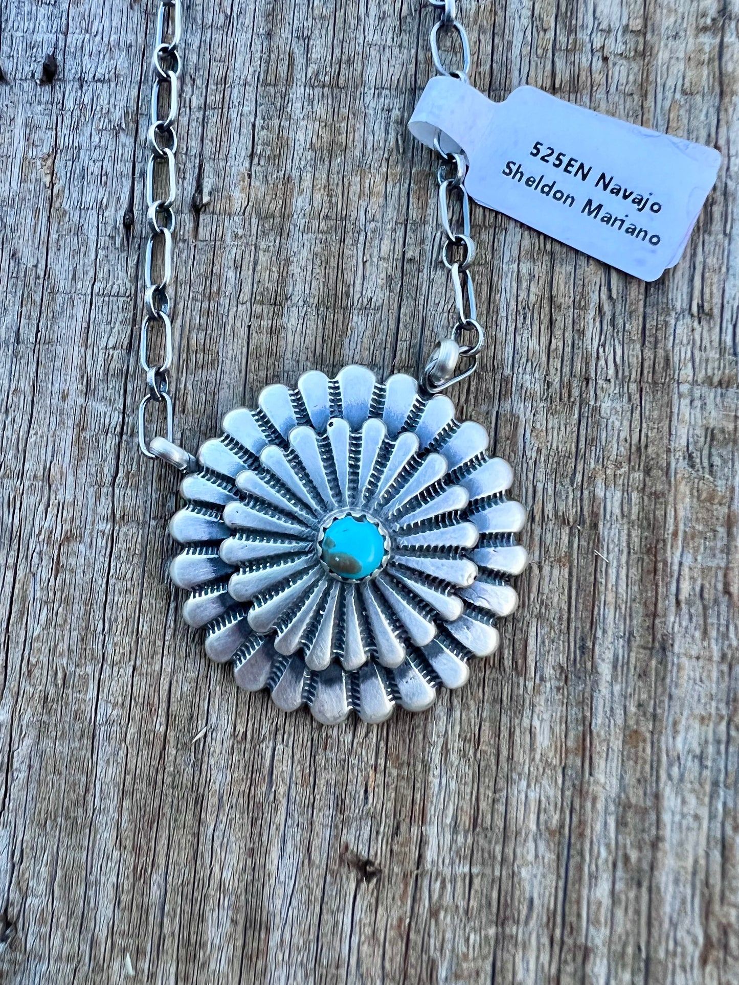 Native American Handmade by Sheldon Mariano Sterling & Turquoise Shield Pendant 1.25” Necklace 18“