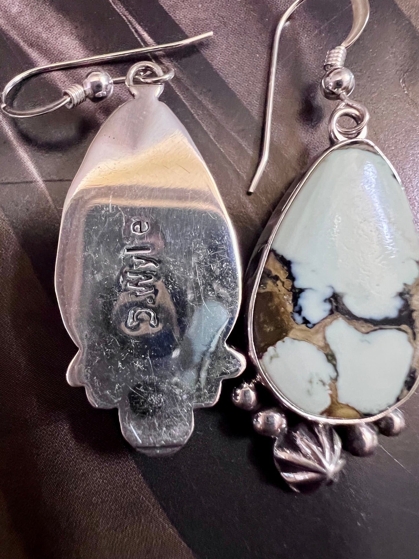 Navajo Handmade by D. Wylie, Sterling & New Lander Variscite Dangles 2”