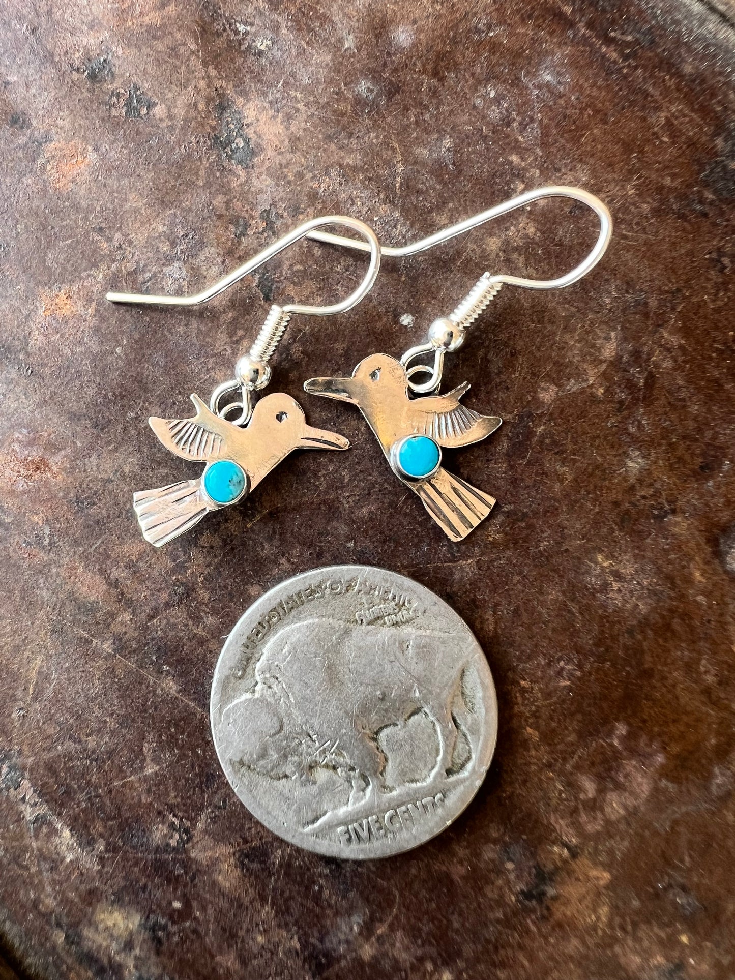 Dainty Handmade by Lucille Platero (Navajo) Turquoise & Sterling Silver Hummingbird Earrings 1.25” Length