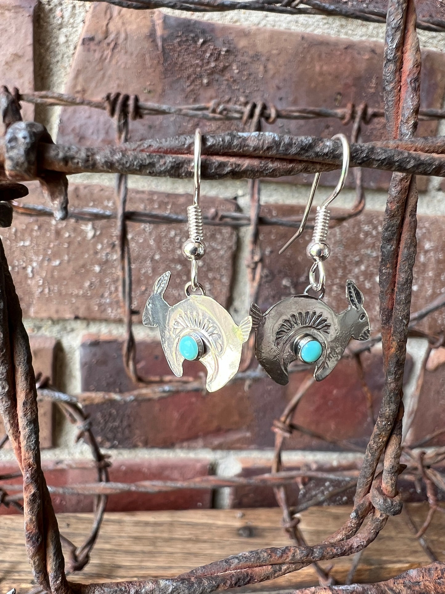Dainty Handmade by Lucille Platero (Navajo) Turquoise & Sterling Silver Rabbit Earrings 1.25” Length