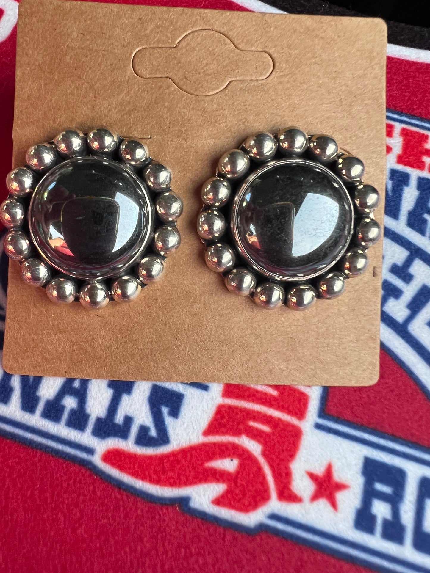 Vintage Mexico Sterling Silver & Hematite Concho Post Earrings 1”