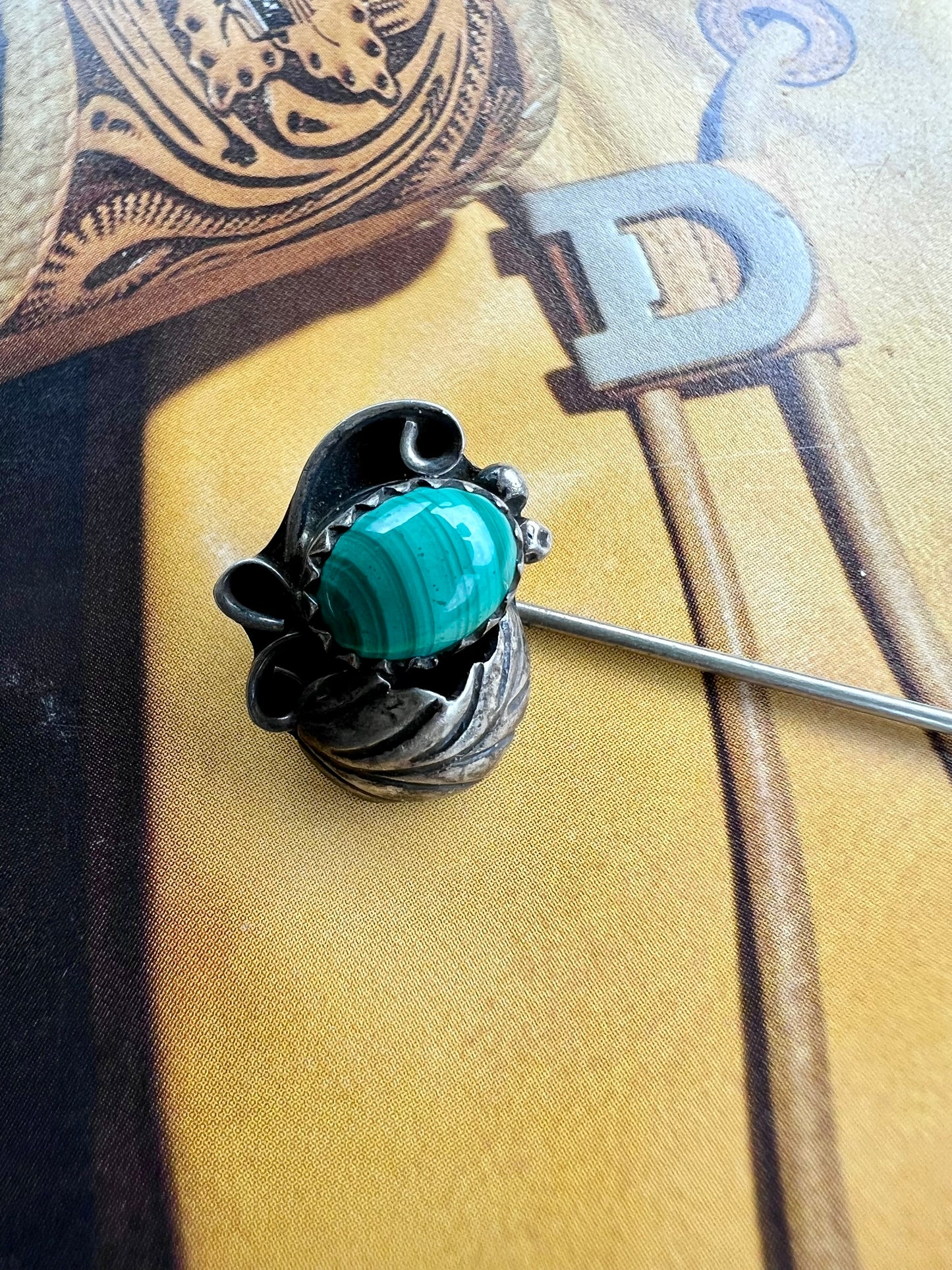 Vintage 1940’s Sterling & Malachite Hat Pin