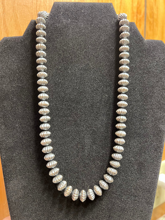 RARE Navajo Pearls Handmade by Sandra P. Whittington- Heavy Sterling Silver Corrugated 10mm Saucer Bead Necklace 20”