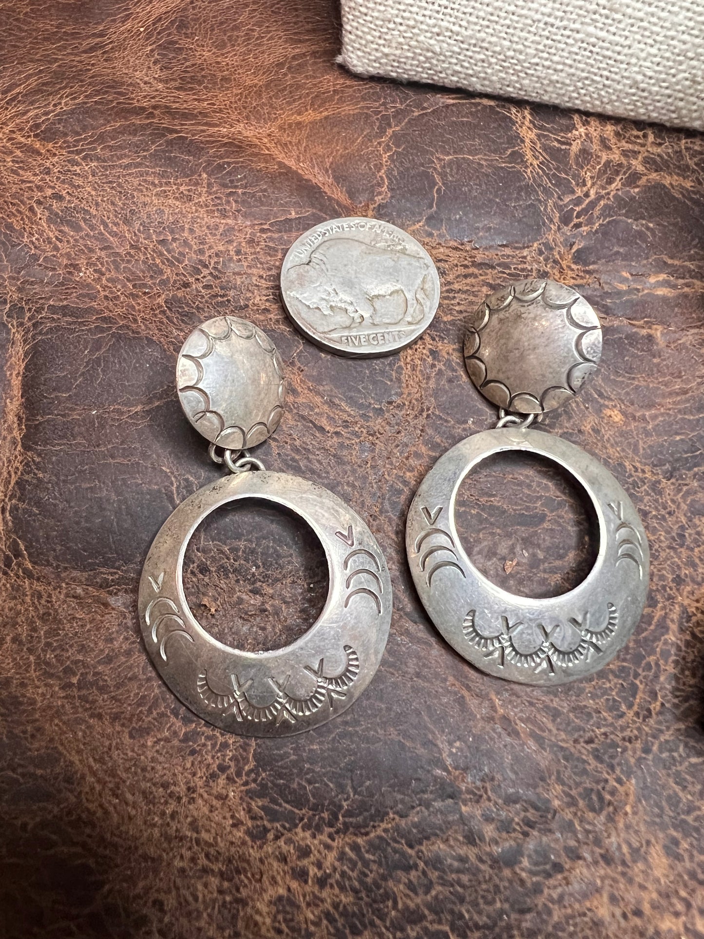 Vintage Handmade Sterling Silver Concho Post Dangle Hoops