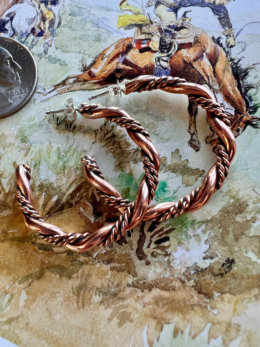 Copper Twisted Wire Post Hoop Earrings 1.25”