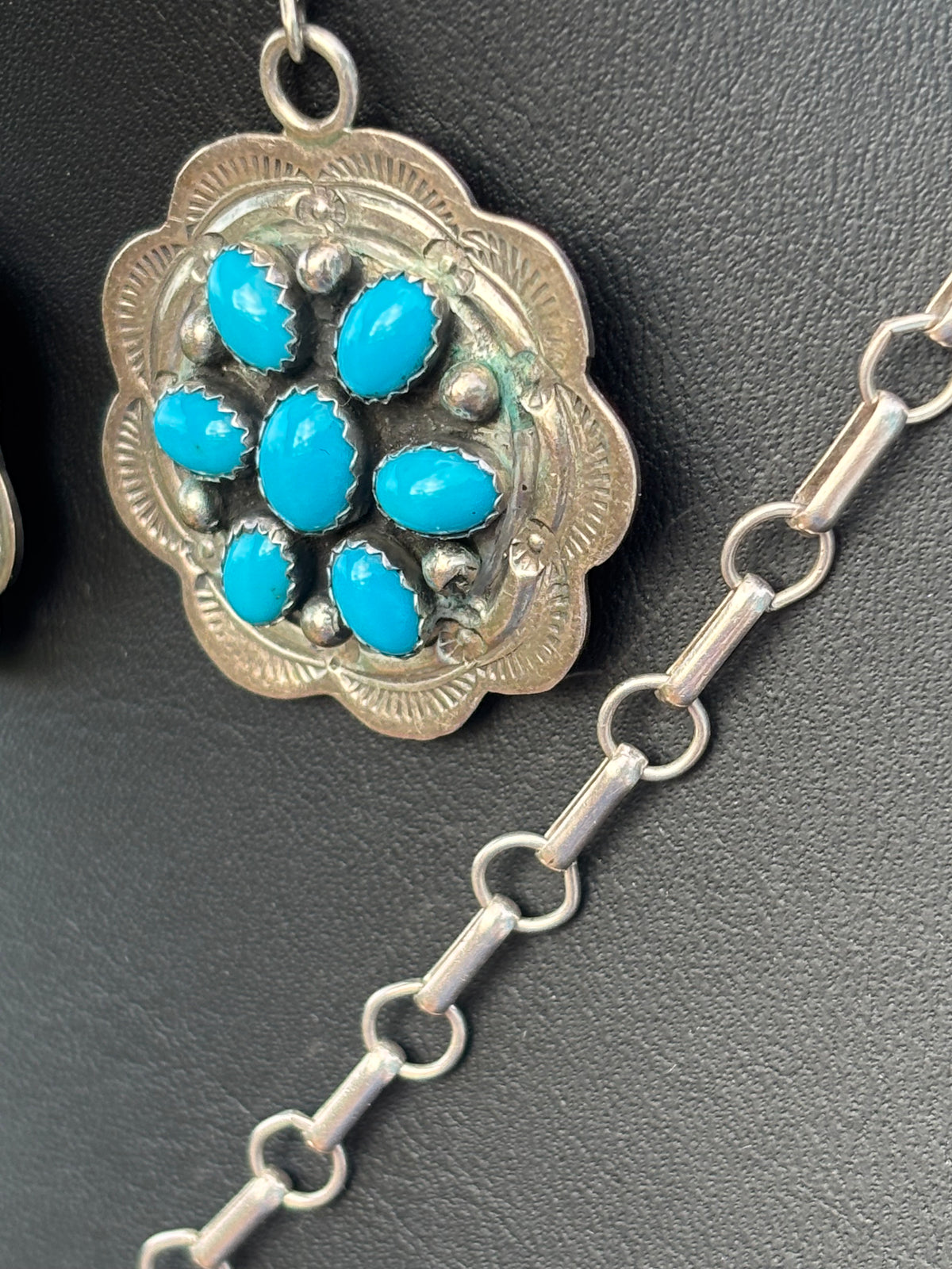 Vintage Sterling Silver & High-grade Sleeping Beauty Turquoise Cluster Concho Lariat- Handmade by Ella Peter(Navajo)🩷
