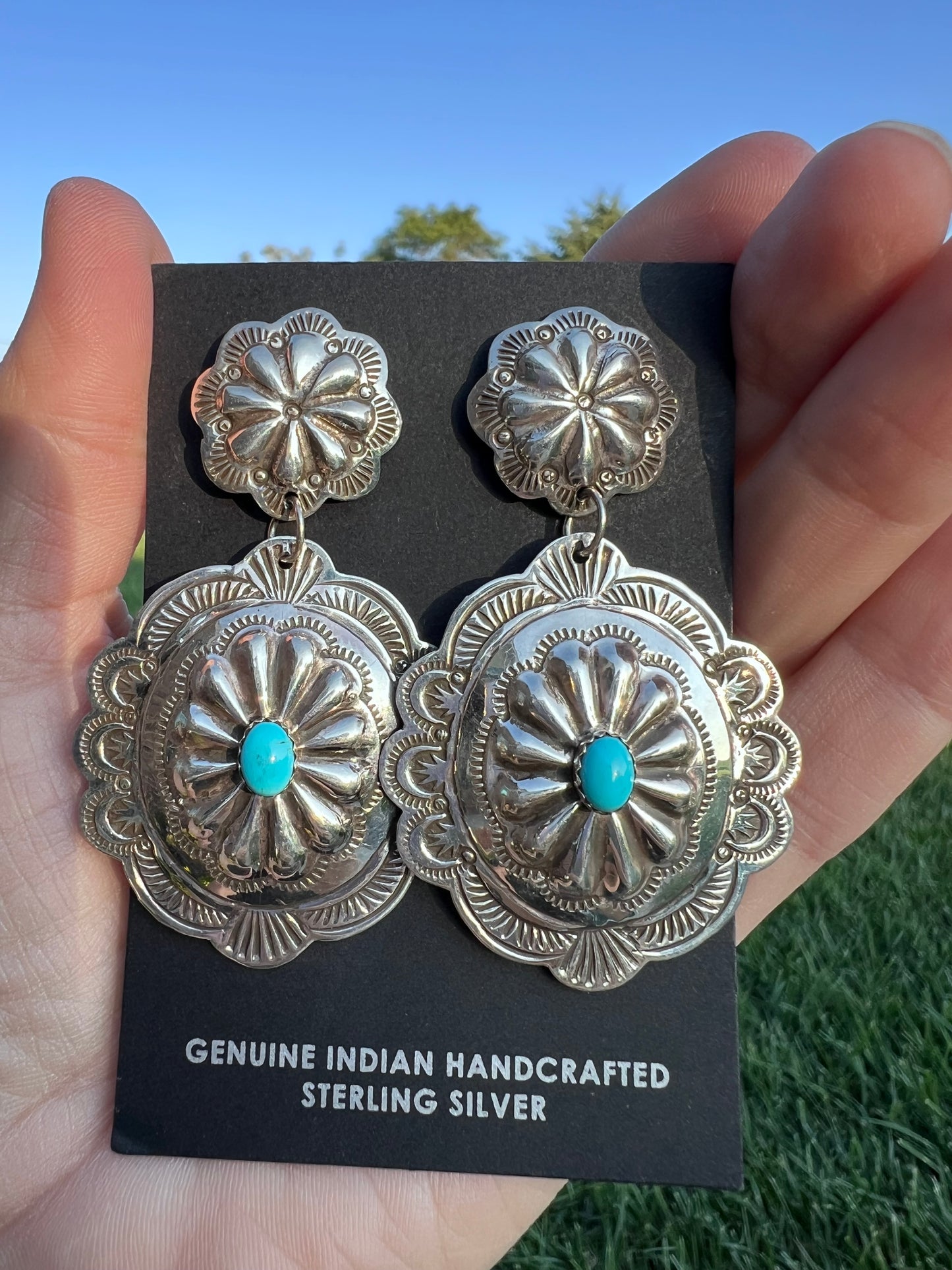 Handmade by GENEVIEVE BLACKGOAT- Sterling & Turquoise Concho Post Dangle Earrings