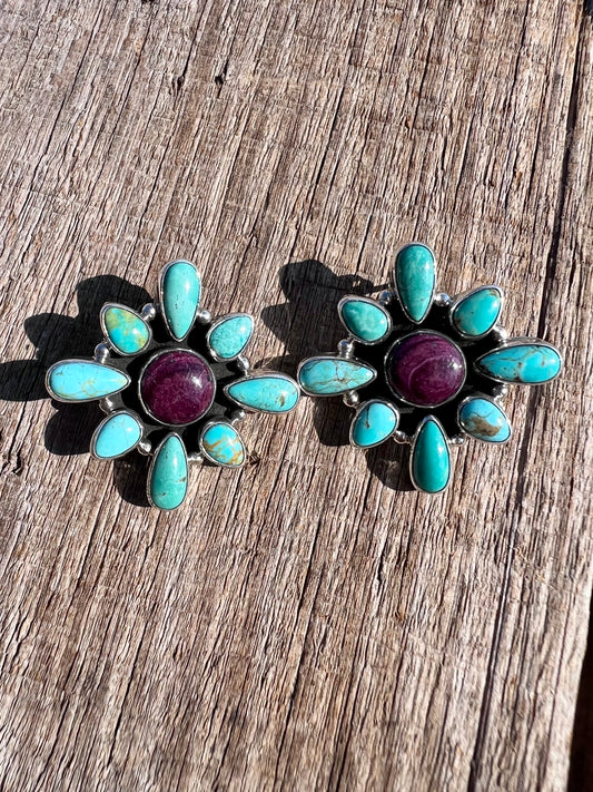 Native Handmade Sterling, Campitos Turquoise & Purple Spiney Purple Post Earrings 1.5”