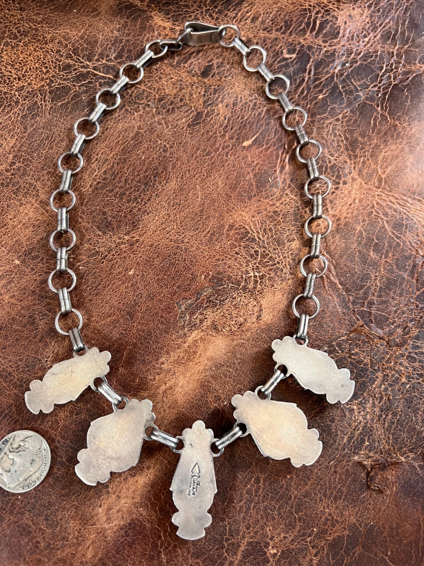 Vintage Handmade Royston 5-stone Turquoise Paperclip Chain Necklace by Navajo Silversmith, Stanley Parker. 17.5” Length