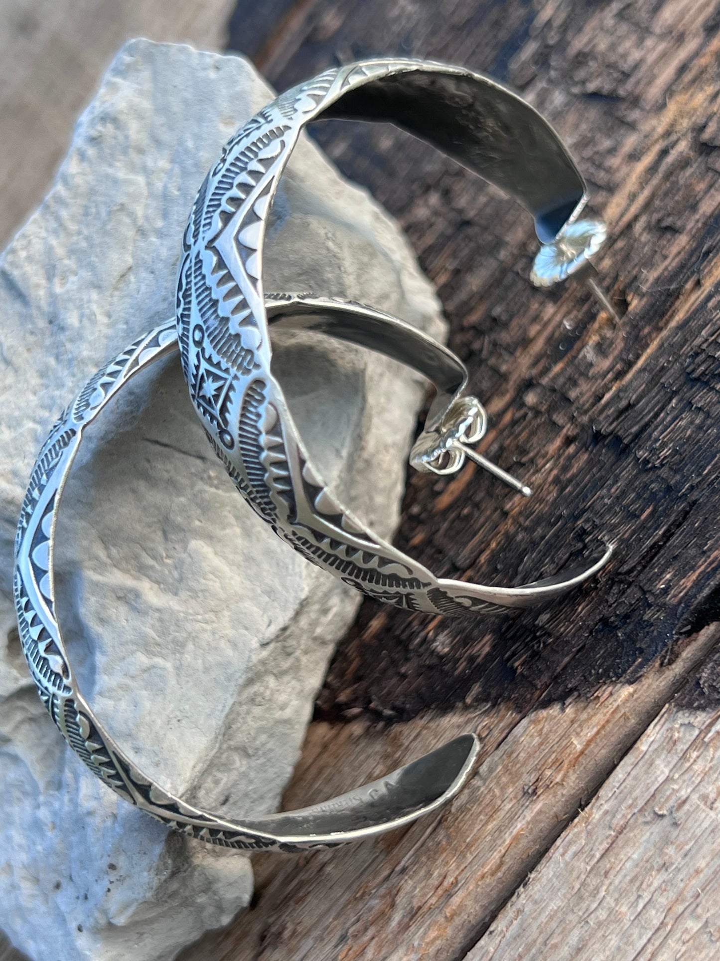Native American Handmade by Vincent Platero- Large Sterling Stamped Hoop Post Earrings 2”