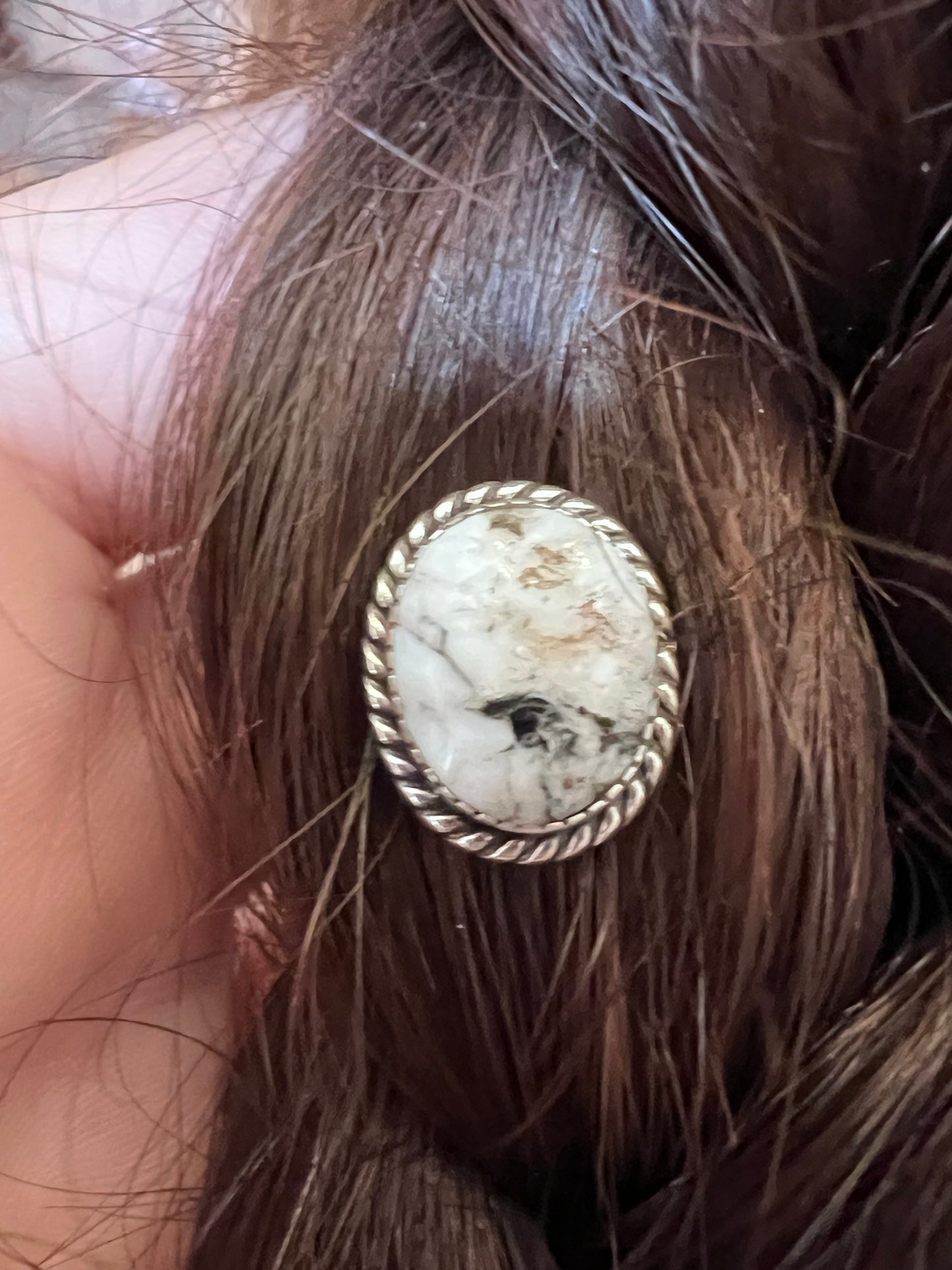 Handmade Sterling & White Buffalo Hair Button 5/8”