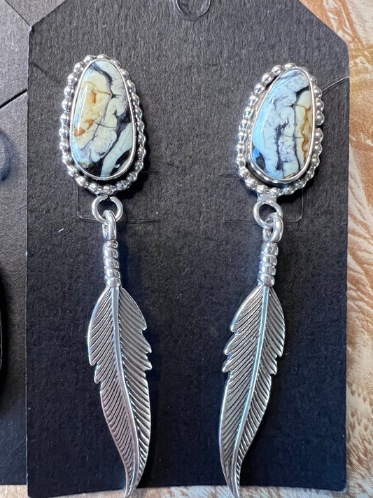 Native Navajo Handmade Sterling & New Lander Variscite Feather Dangle Post Earrings 1 3/8”