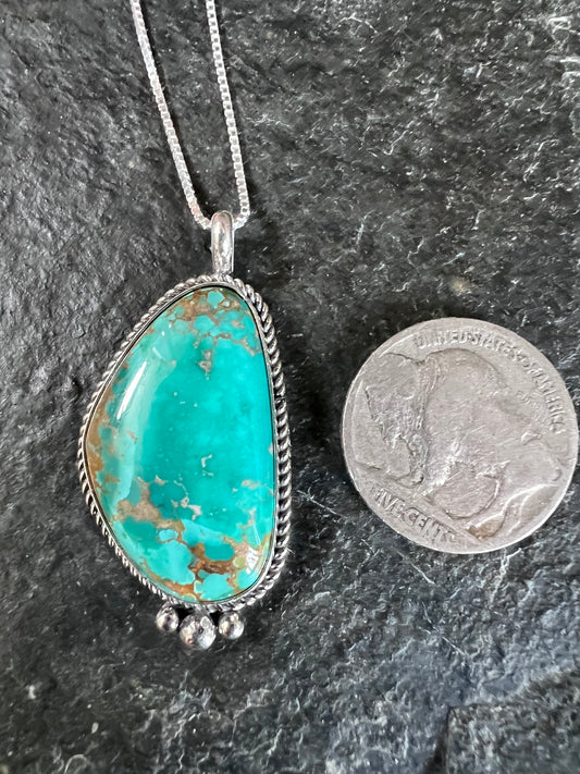 Native American Handmade Sterling & Carico Lake Turquoise Pendant(1.6” x.8”)on a Sterling Box Chain Necklace 16”