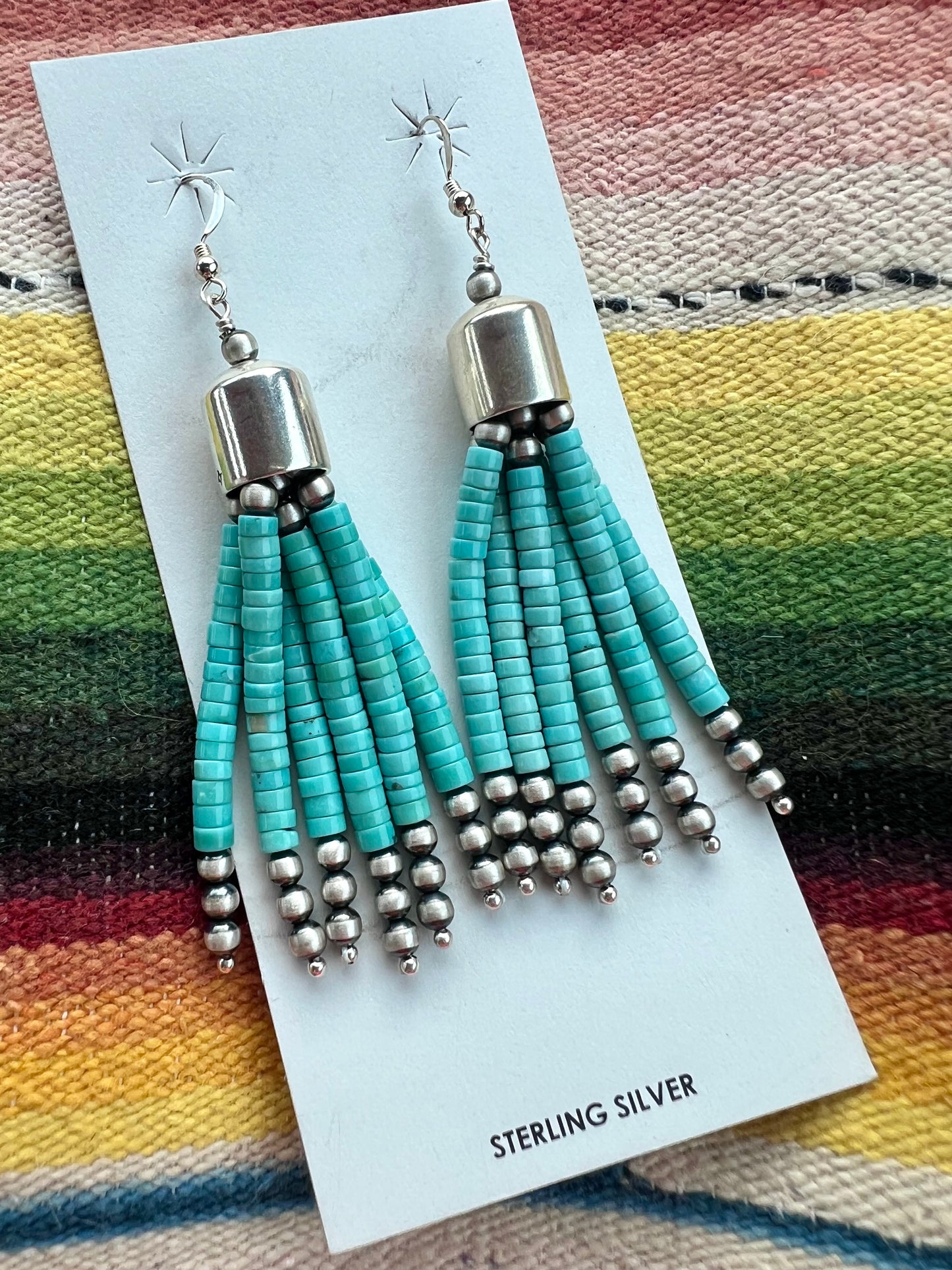Southwest Handmade Sterling & Campitos Turquoise Tassel Dangle Earrings 3.5”