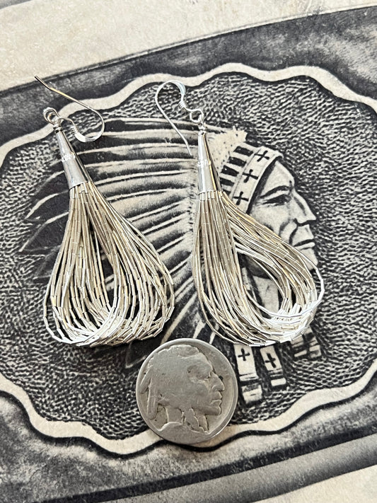 Sterling Liquid Silver Heishi 20-strand Dangle Hoop Earrings 2.5”