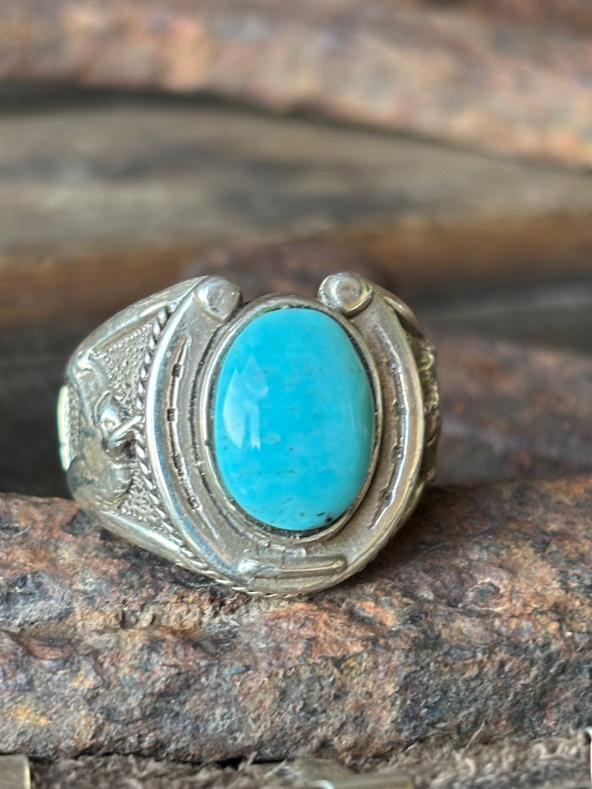 Vintage Chunky Sterling Silver & Turquoise Horse Head & Horseshoe Ring Sz 10