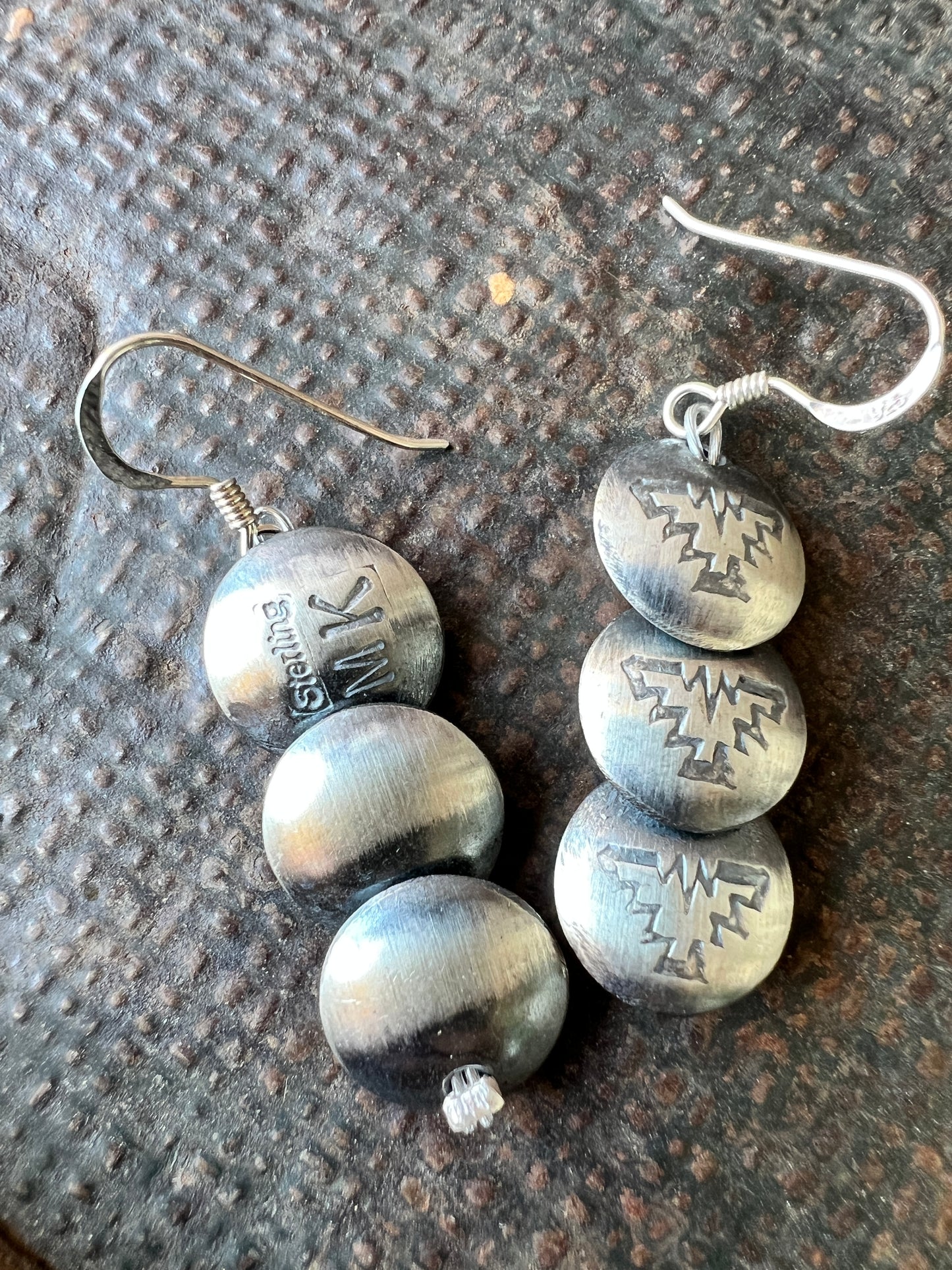 Navajo Handmade by Marietta Kelllywood - Sterling Silver Thunderbird Stamped Pillow Pearl Earrings 1.75”