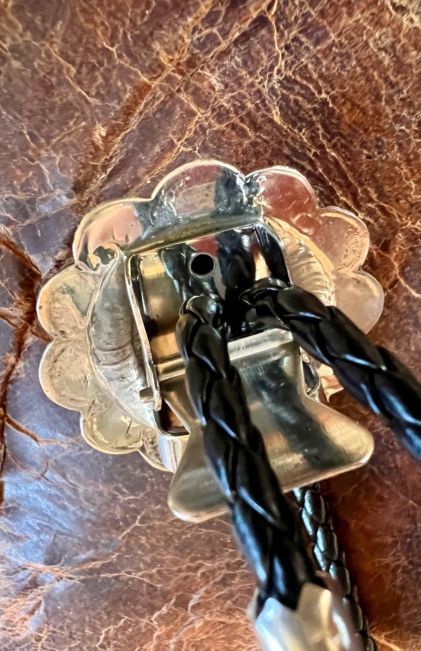 Navajo Handmade by Bertha Begay Scalloped Stamped Sterling Concho Bolo Necklace