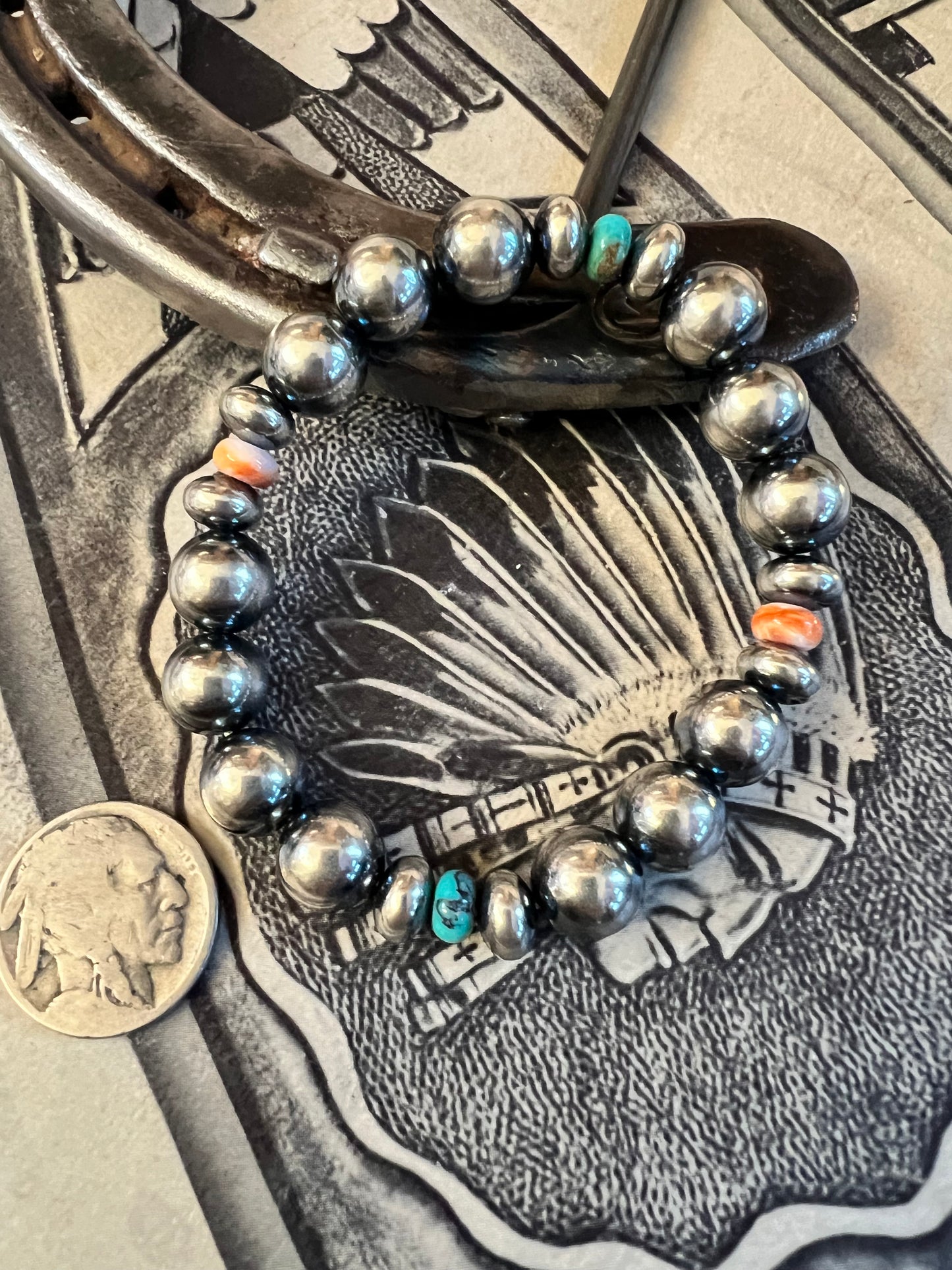 Sterling 10mm Bead, Turquoise & Spiny Oyster Stretch Bracelet 7”