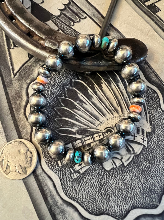 Sterling 10mm Bead, Turquoise & Spiny Oyster Stretch Bracelet 7”