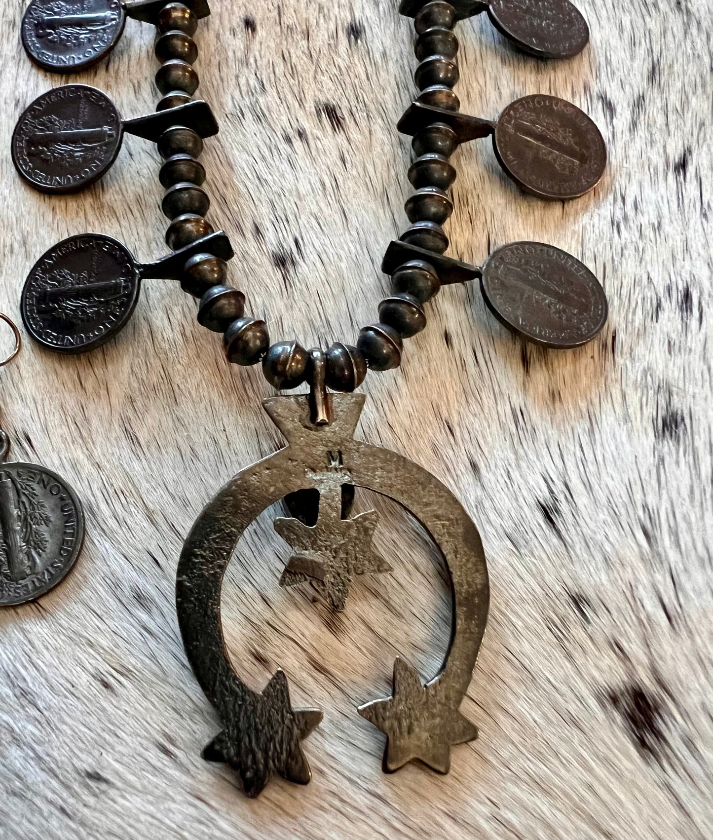 Navajo Handmade by Mekechto Jim. Mercury Dime Squash Necklace Cast Naja with Kingman Turquoise and Earrings Set