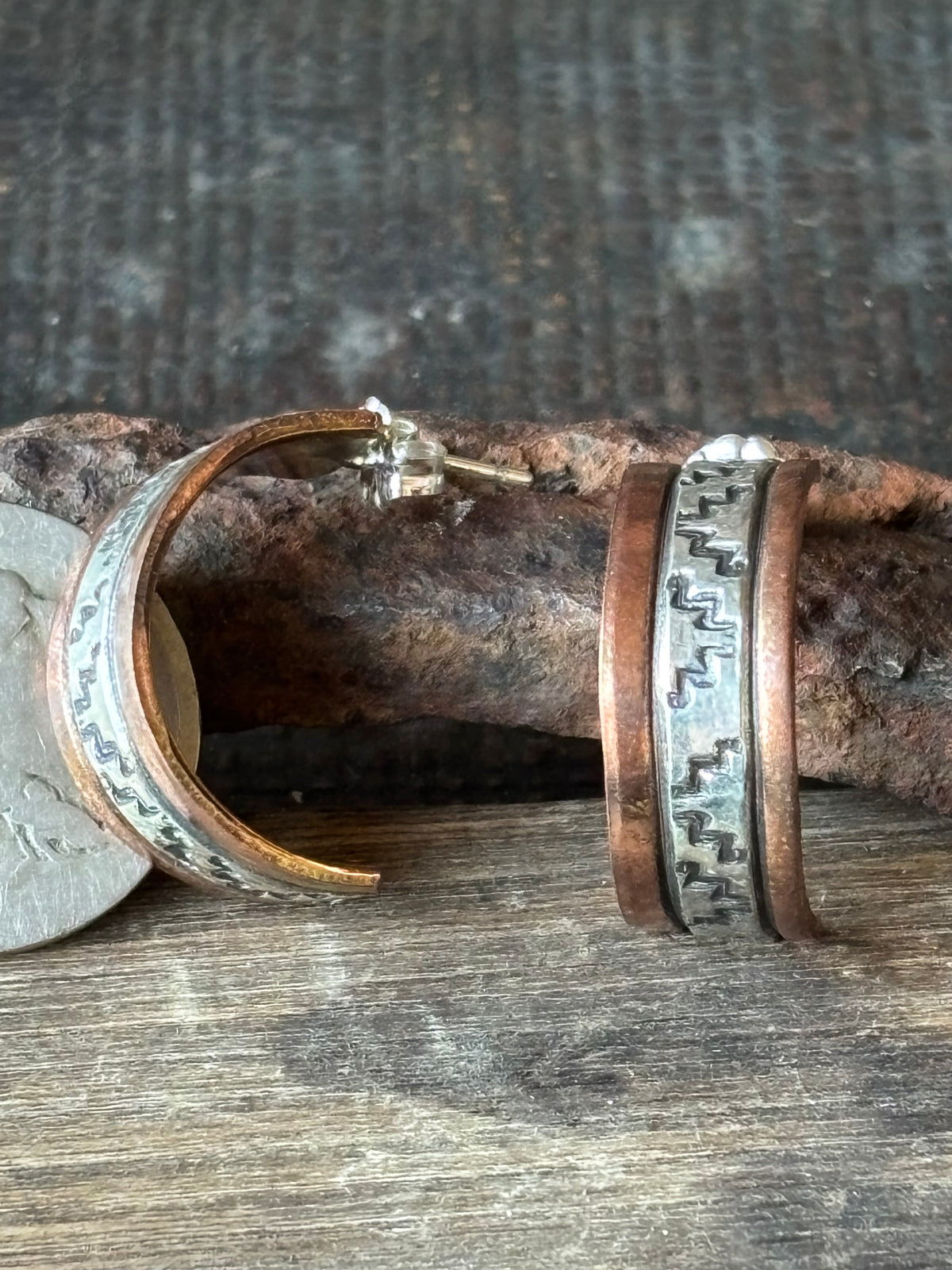 Native Handmade by Landon Secatero- Copper & Sterling Stamped Post Half-Hoop Earrings 1”