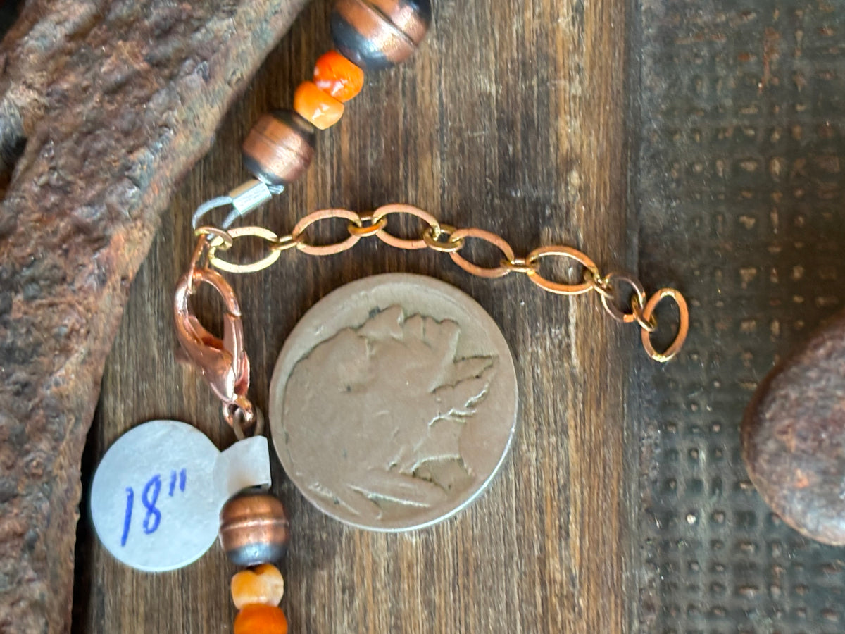 Copper, Turquoise, Lapis, Red Spiny & Orange Spiny Necklace 18-20”
