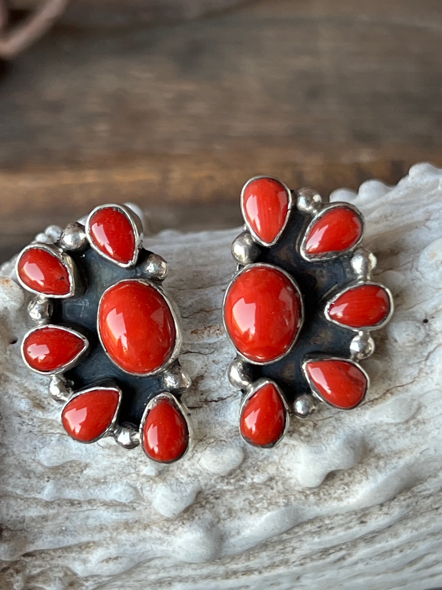 Navajo Handmade by Randall Endito!! Gorgeous Red Mediterranean Coral 5-stone Sterling Silver Half-cluster Post Earrings
