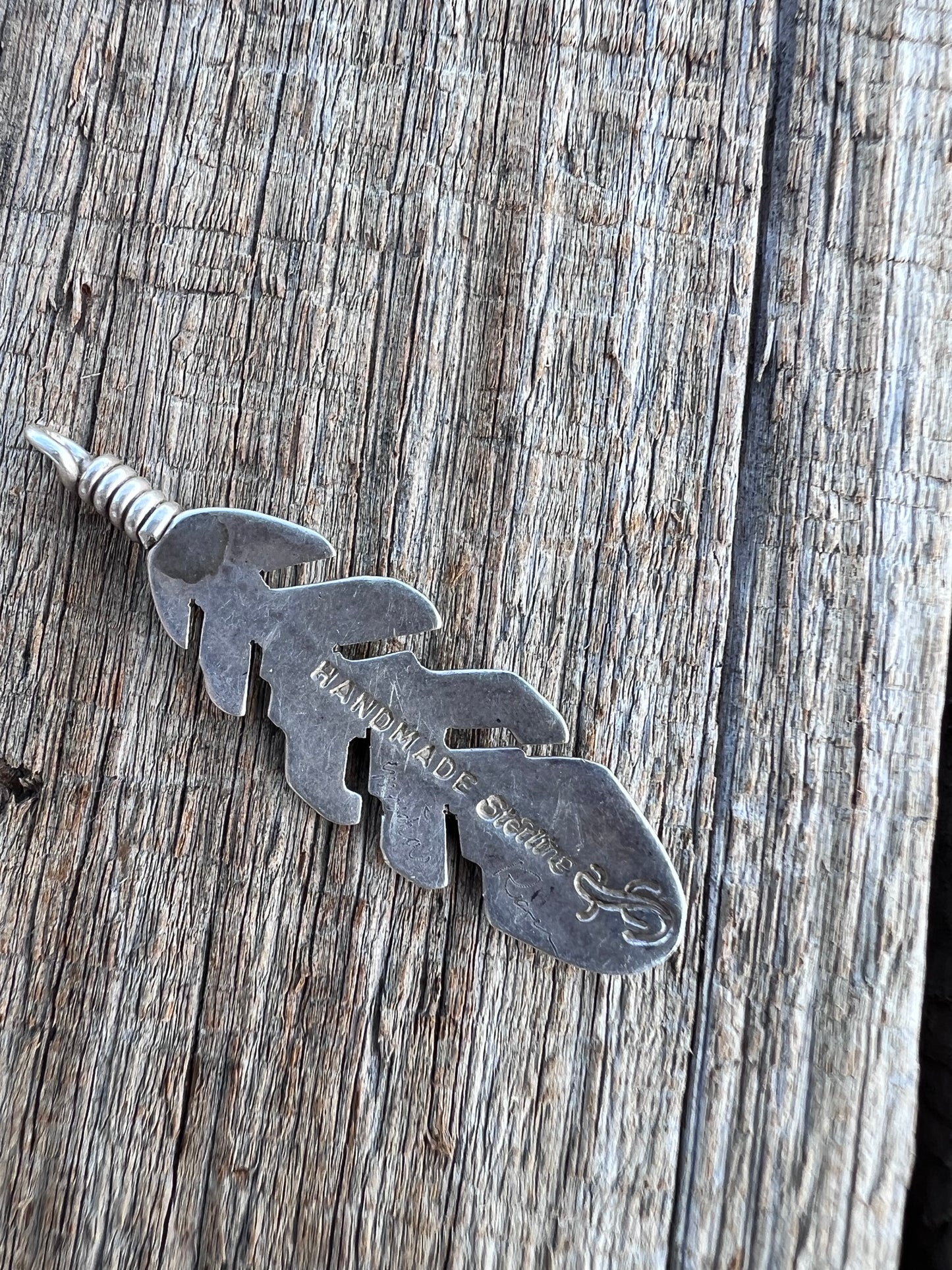 Native American Handmade Sterling Feather Pendant 1 5/8”