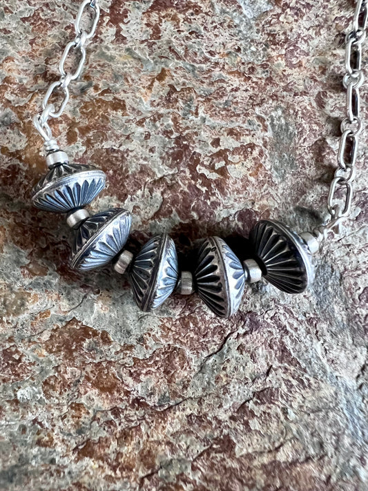 Sterling Silver Link Chain & Corrugated Oxidized Saucer 10mm Beads Necklace 16”