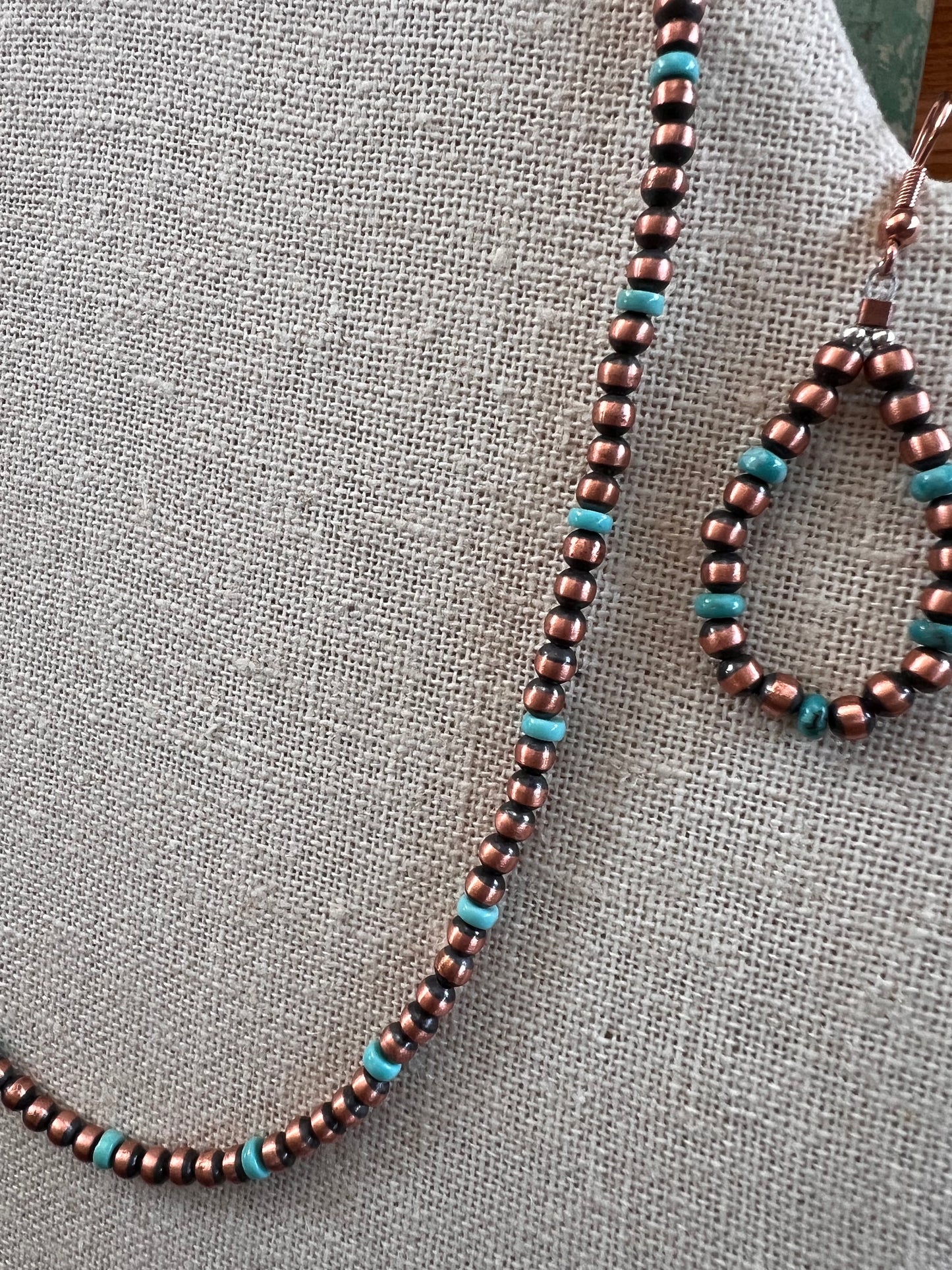 Genuine Oxidized Copper & Campitos Turquoise 4mm Bead Necklace 16”-18” & Earrings 2 1/4”