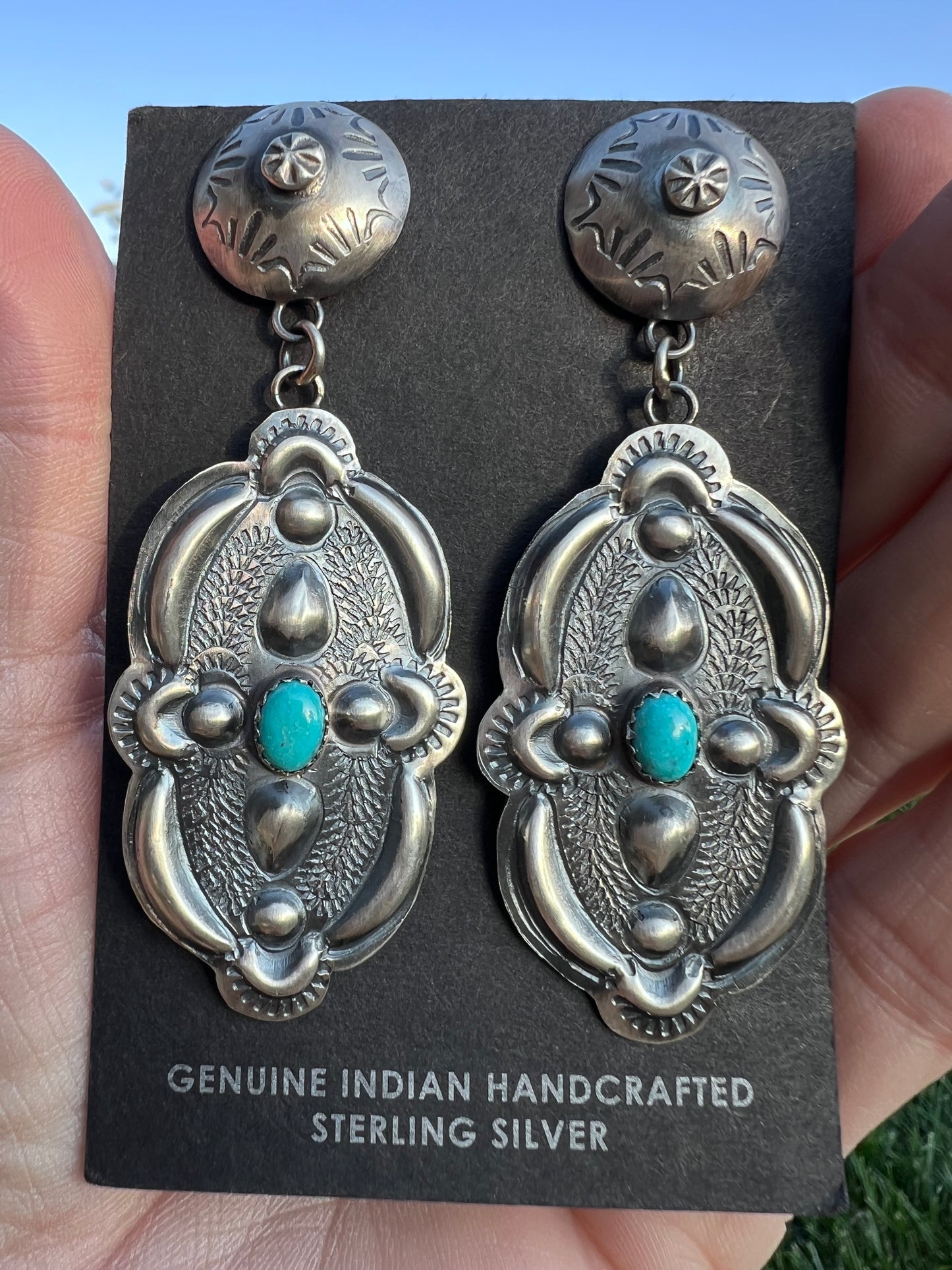 Handmade T. Yazzie Sterling & Turquoise Concho Post Dangle Earrings