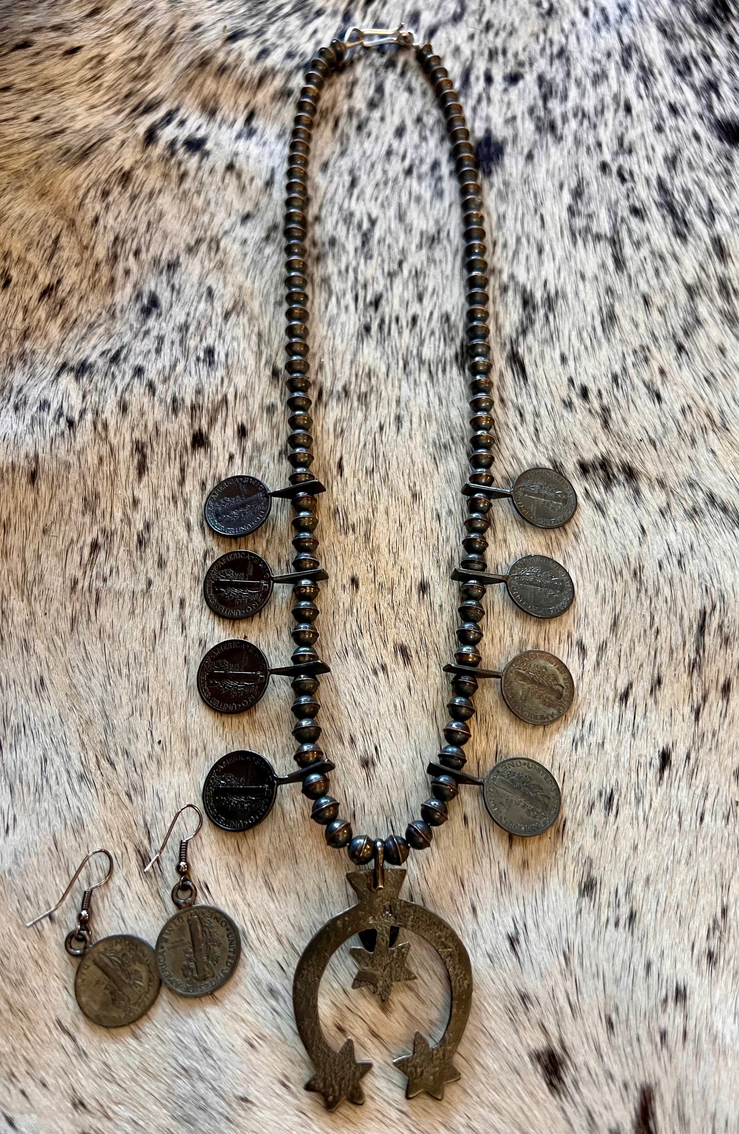 Navajo Handmade by Mekechto Jim. Mercury Dime Squash Necklace Cast Naja with Kingman Turquoise and Earrings Set